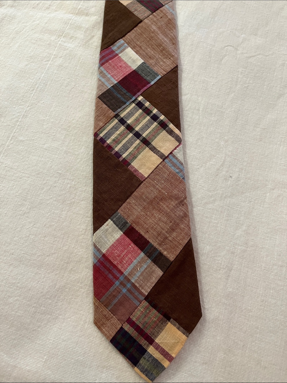 Robert Talbott Brown Plaid Patchwork Tie with Red and Blue Accents